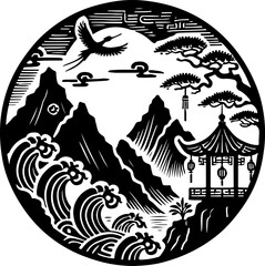 sketch vector illustration silhouette design painting decoration scenery cultural and religion temple classic vintage ethnic traditional chinese