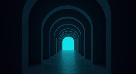 Futuristic dark corridor with repeated arched vaults leading to a bright blue light