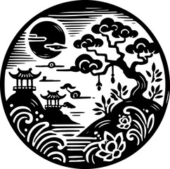 sketch vector illustration silhouette design painting decoration scenery cultural and religion temple classic vintage ethnic traditional chinese