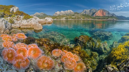 Coastal anemones, clear water, mountain view, Mediterranean scenery