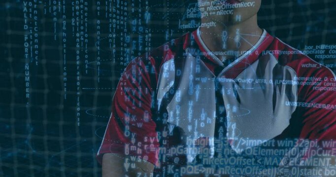Athlete crossing arms in technology studio, showing code streams blending with baseball jersey