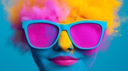 Colorful Face with Turquoise Glasses, Powder Paint, and Pink Lips, A Vibrant Artistic Expression Depicting Bold Colors and Playful Creativity.