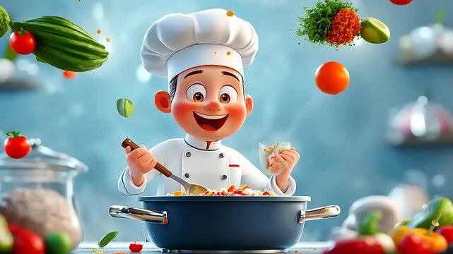 Playful Cartoon Chef Cooking Vibrant Vegetables in a Kitchen