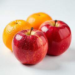 Closeup apples oranges, glossy fruit skins, vivid healthy snack, soft white backdrop