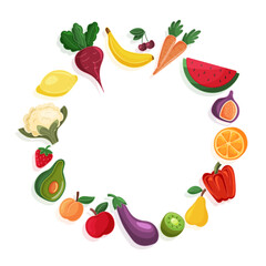 Flat vector illustration of a fruit and vegetable wreath. Includes banana, fig, avocado, carrot and more. Isolated on white. Suitable for food and healthy lifestyle designs