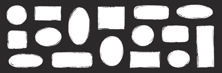 Brush paint frame rough round, stamp shape set. Brush stroke frame rough grunge square, oval paint shape element. Hand drawn texture grunge rectangle, circle round text border. Vector illustration