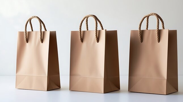 Simple eco-friendly paper shopping bags with sturdy handles, ideal for branding, retail packaging, and sustainable gift wrapping in a clean minimalist environment


