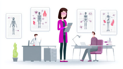 team of medical professionals in modern office setting, analyzing data and discussing patient treatment plans. room is decorated with anatomical charts, creating focused atmosphere