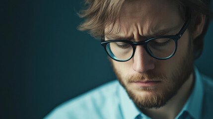 young man with glasses appears contemplative and sad, looking down with furrowed brow. His expression conveys deep thought and introspection, set against dark background