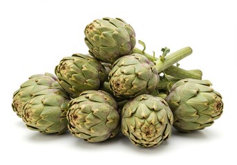 Obraz premium A pile of fresh artichokes stacked on a white surface in a studio setting with natural lighting used