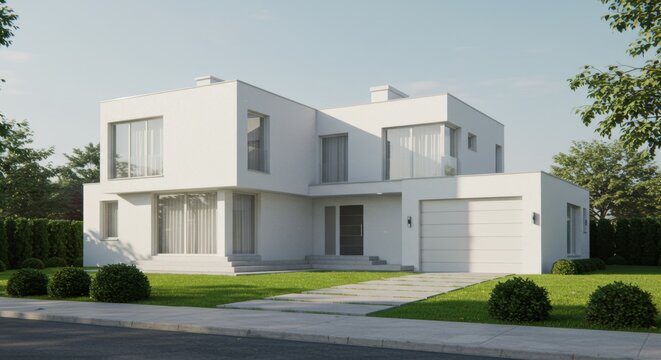 Modern minimalist white house with large windows and a garage, featuring a well-maintained green lawn and surrounding trees under a clear sky, rendered in a realistic 3D style.