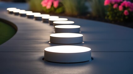 Stylish night garden scene featuring curved walkway with embedded lights creating a glowing trail effect, surrounded by beautiful landscaped plants and floral accents


