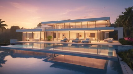 Fototapeta premium Ultra-modern luxury villa with floor-to-ceiling glass walls, infinity pool, and minimalist interior, sunset lighting