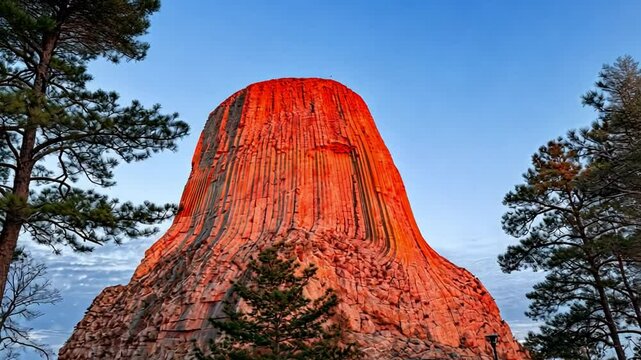 Majestic Rock Formation of Devils Tower at Sunset with Trees and Blue Sky