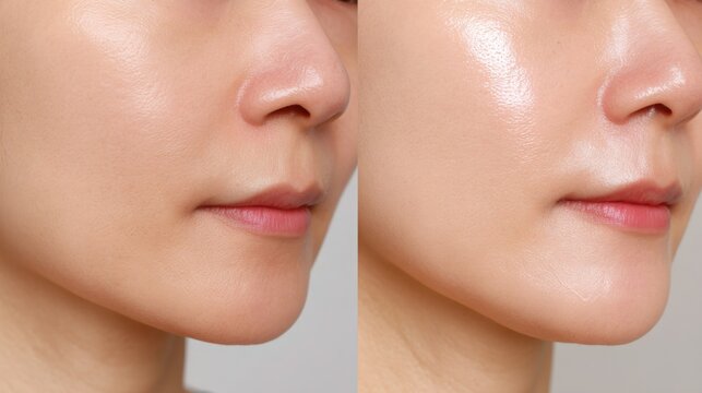 Comparison of skin before and after brightening serum treatment, left side dull and dry, right side radiant, smooth and glowing