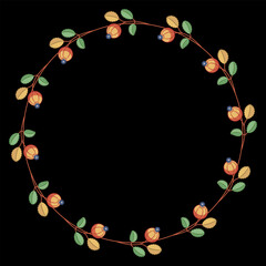 Round floral frame with blooming branches. Circular botanical border. Wreath of red ripe berries and green leaves. Folk style. On white background. 