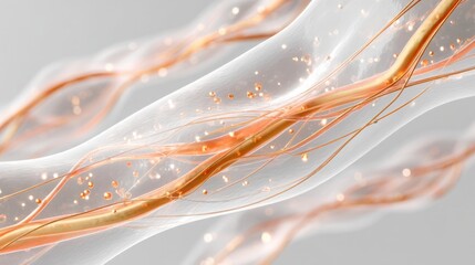 Transparent skin with visible glowing collagen fibers and infused serum particles floating through layers, elegant white background