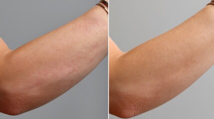 Comparison of skin before and after brightening serum treatment, left side dull and dry, right side radiant, smooth and glowing