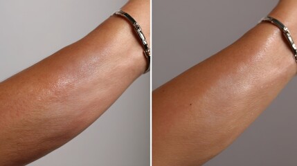Comparison of skin before and after brightening serum treatment, left side dull and dry, right side radiant, smooth and glowing