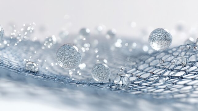 3D skin cell matrix with hyaluronic acid molecules bonding with moisture particles, white background and soft reflections