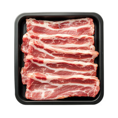 [Transparent Background PNG] Fresh pork belly for grilling, bacon slices packaged in black plastic tray isolated 
