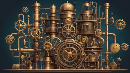 Steampunk house with brass pipes, rotating gears, and intricate mechanical elements, vector art