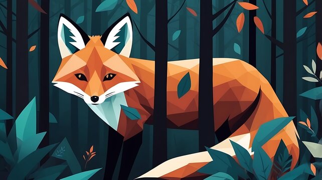 Stylized vector illustration of a fox in a forest, geometric shapes, and clean linework