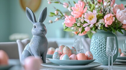 Easter dining room with gray bunny sculpture, colorful eggs, magnolia vase, and personal accessories