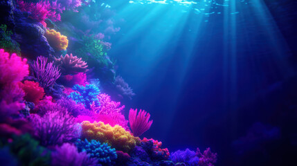Fototapeta premium Vibrant coral reef underwater scene with colorful corals and soft light rays illuminating ocean floor, creating serene and enchanting atmosphere