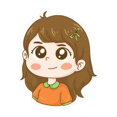 illustration art cute girl wearing orange t-shirt and brown hair sticker design