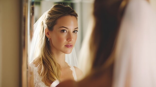 A beautiful woman in her wedding attire, looking into a mirror with a thoughtful expression. A classic and timeless portrait of anticipation.