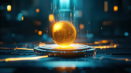 glowing digital coin hovers above circuit like surface, surrounded by futuristic ambiance. vibrant colors and light effects create sense of innovation and technology