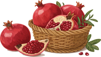 Pomegranates Illustration vector design, Pomegranate in wicker basket with Pomegranate Slice in white background vector desgin
