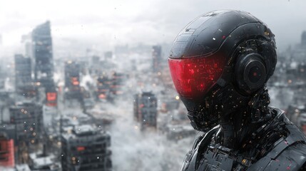 In a futuristic city, a battle-scarred robot stands against the backdrop of urban ruins.