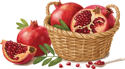 Pomegranate with Pomegranate Slice in wicker basket in white background vector design, Pomegranate Illustration vector design