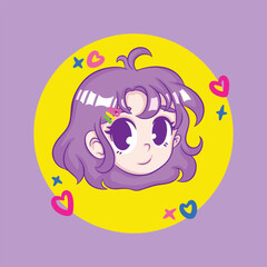 illustration art heaod of cute girl purple hair sticker vector design