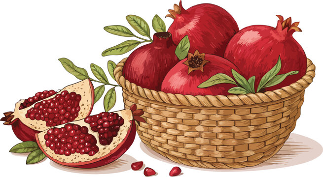 red pomegranates in basket, fruit still life clip art preview