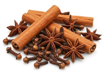 A close up of cinnamon sticks star anise and cloves arranged on a white surface in a studio shot