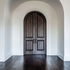 Arched wooden double door in hallway, hardwood floor. Interior design