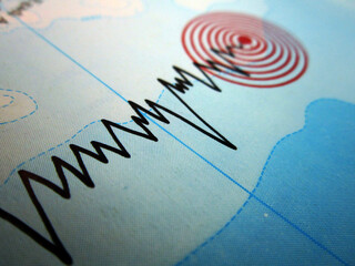 Seismograph and earthquake. Seismic activity of an earthquake. Earthquake occurring under the sea. Tsunami.