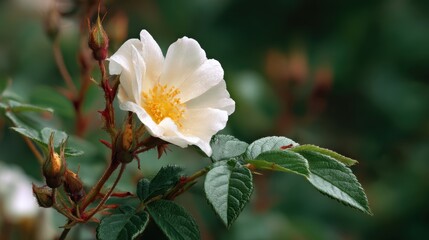 Obraz premium Delicate White Flower Bloom with Tender Buds and Green Leaves Displaying Elegance and Natural Beauty