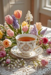 elegant vintage cup of tea and flowers