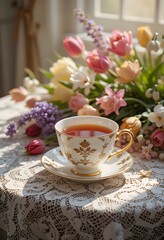 elegant vintage cup of tea and flowers