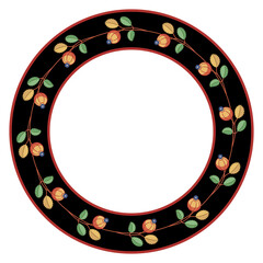 Round floral frame with blooming branches. Circular botanical border. Wreath of red ripe berries and green leaves on black background in a circle. Isolated on white. Folk style.