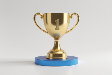 excited schoolkid in glasses holding books and golden trophy isolated on white