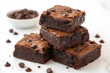 Delicious Close-Up of Moist Chocolate Brownies with Glossy Chocolate Chips"
