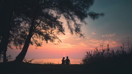 Fototapeta premium Silhouette of a couple sitting together on the beach at sunset under a tree, enjoying the sky and the peace of the nature.