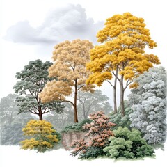 Autumnal Tree Landscape Illustration Gold and Green Foliage Under Hazy Sky