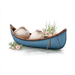 Blue canoe on calm water, carrying two steamed buns and pink flowers. Soft lighting, illustrative style.