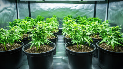 Indoor cannabis plants thrive in grow tent, showcasing vibrant green leaves and healthy growth. setup features multiple pots filled with soil, creating lush environment for cultivation